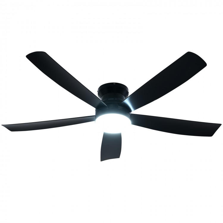52-inch black ceiling fan with lights, remote control, and 6 speeds, ideal for living rooms and bedrooms.