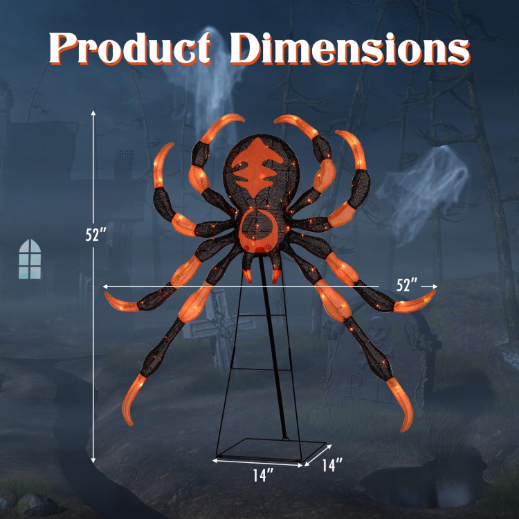 52-inch Halloween spider decoration with 16 flickering warm white LEDs, featuring a sturdy metal stand for outdoor use.