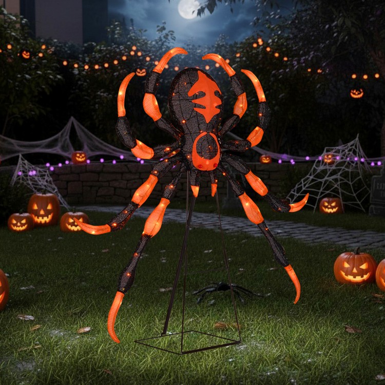 52-inch Halloween spider decoration with flickering warm white LEDs, featuring a sturdy metal stand for outdoor use.