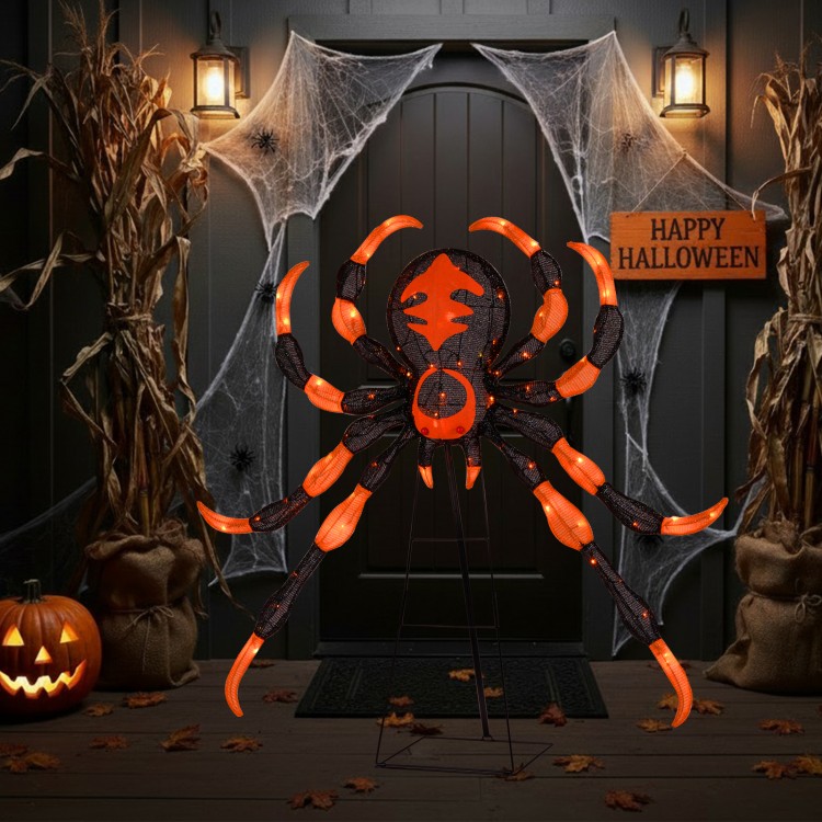 52-inch Halloween spider decoration with flickering warm white LEDs, featuring a sturdy metal stand for outdoor.