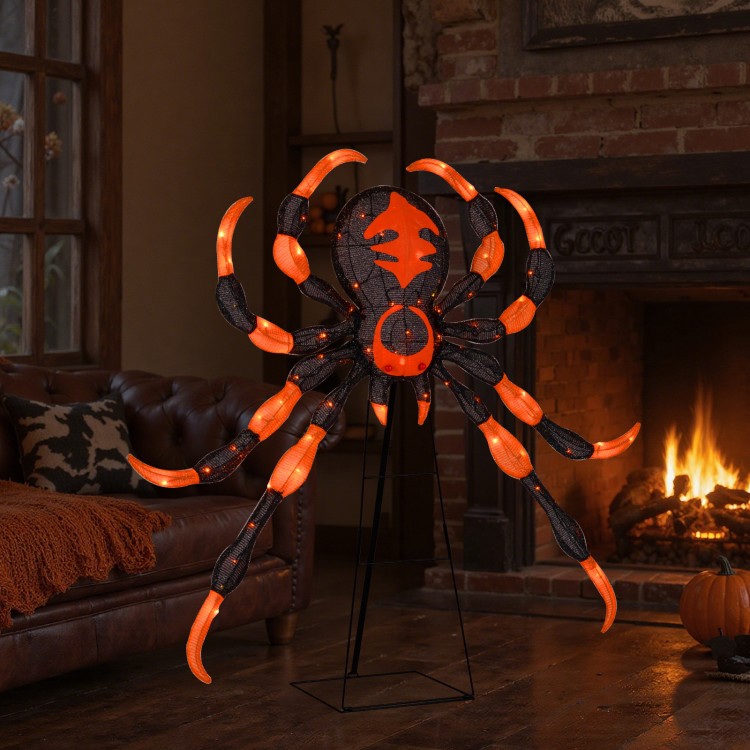 52-inch Halloween spider decoration with flickering warm white LEDs, featuring bright red eyes and a sturdy metal stand.