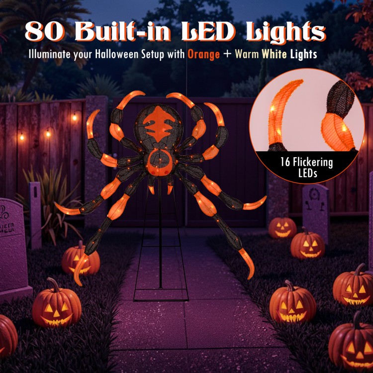 52-inch Halloween spider decoration with 16 flickering warm white LEDs, perfect for outdoor setups and spooky displays.