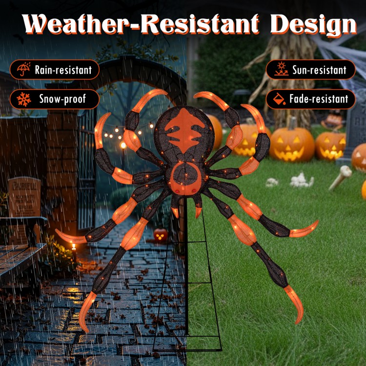 52-inch Halloween spider decoration with flickering warm white LEDs, weather-resistant design for outdoor use.
