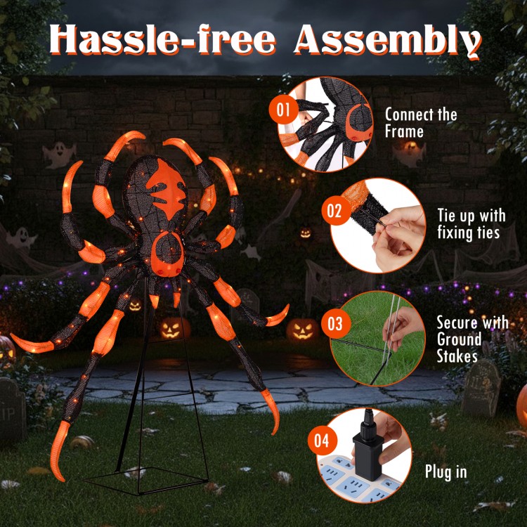 Creepy 52-inch Halloween spider decoration with bright red eyes and weather-resistant fabric for outdoor displays.