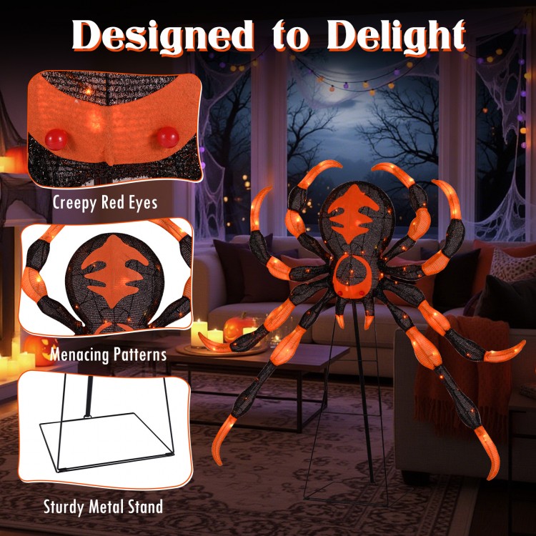 52-inch Halloween spider decoration with flickering warm white LEDs, featuring red eyes and a sturdy metal stand for.