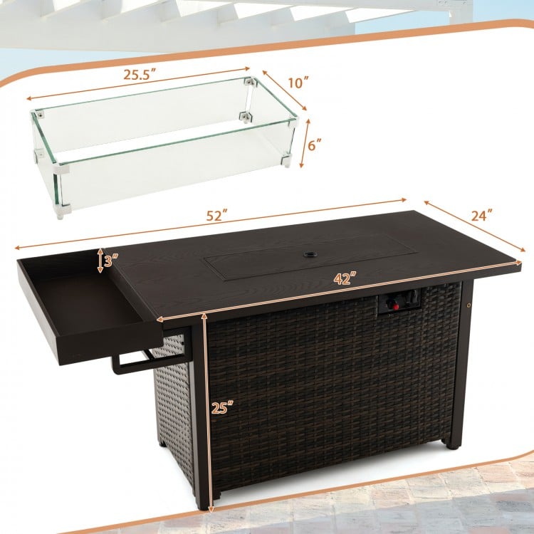 Brown 52-inch outdoor wicker gas fire pit table with removable lid, 50,000 BTU output, and tempered glass wind guard.