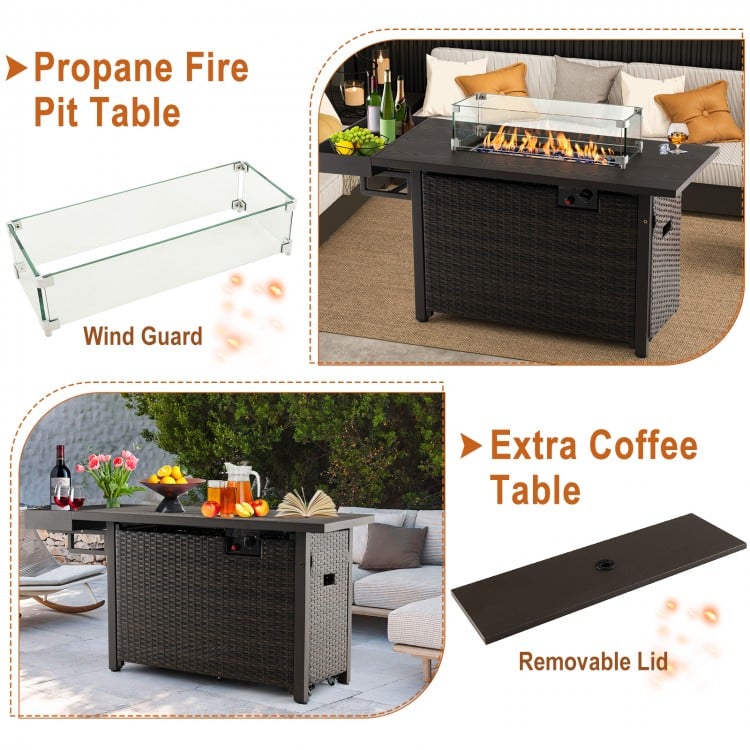 52-inch outdoor wicker gas fire pit table with removable lid, 50,000 BTU output, and tempered glass wind guard for.
