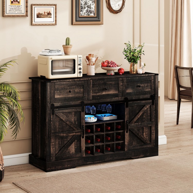 52-inch black wine bar cabinet with LED lights, sliding barn doors, and storage for 12 bottles and 6 glasses. Ideal for.