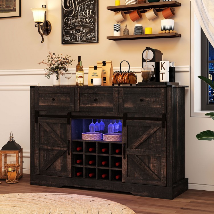 52-inch black wine bar cabinet with LED lights, sliding barn doors, and storage for 12 wine bottles and glasses.