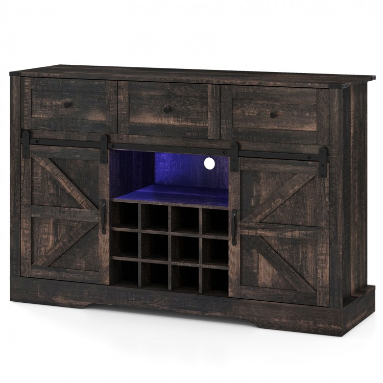 52-inch black wine bar cabinet showcasing adjustable shelves, remote-controlled LED lights, and sliding barn doors for.
