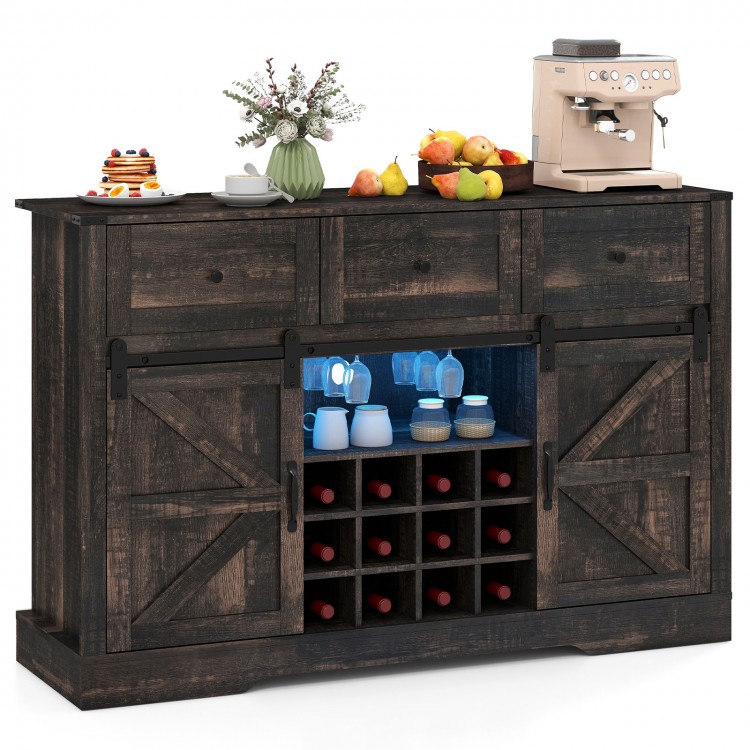 52-inch black wine bar cabinet with LED lights, sliding barn doors, and wine bottle storage, perfect for home bars.