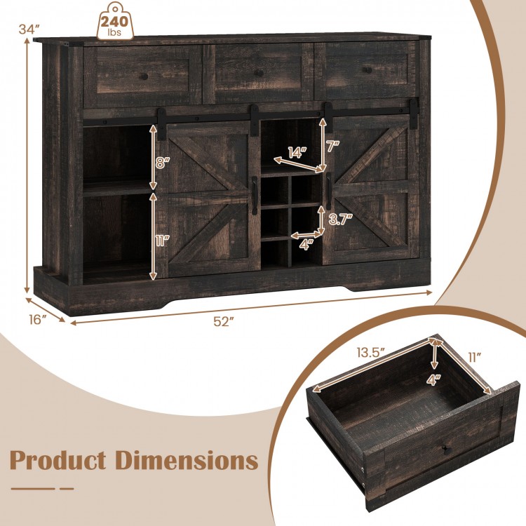 52-inch black wine bar cabinet with LED lights, sliding barn doors, and adjustable shelves for home bar storage.