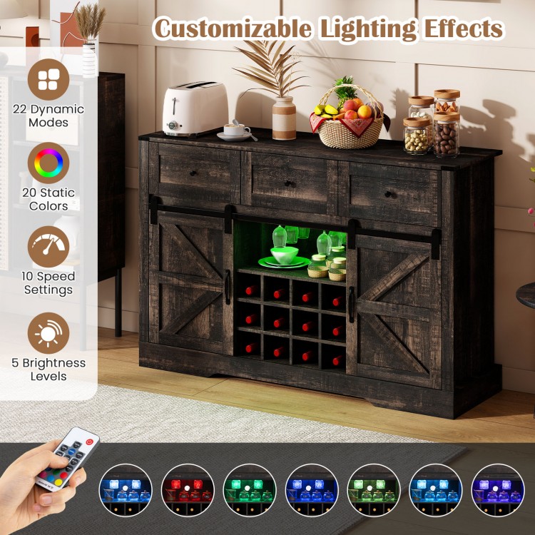 52-inch black wine bar cabinet with LED lights, sliding barn doors, and adjustable shelves for home bar or dining room.