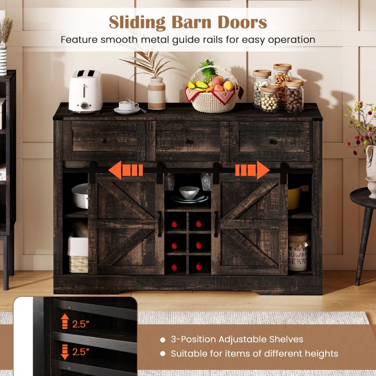 52-inch black wine bar cabinet with sliding barn doors, adjustable LED lights, and removable wine bottle holders for.