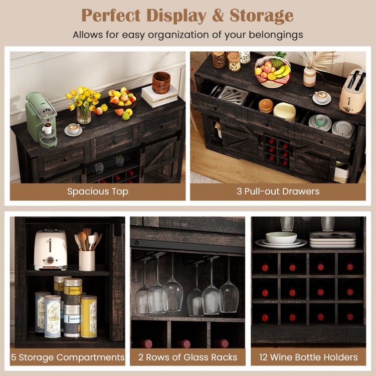 52-inch black wine bar cabinet featuring adjustable LED lights, sliding barn doors, and 12 removable wine bottle.