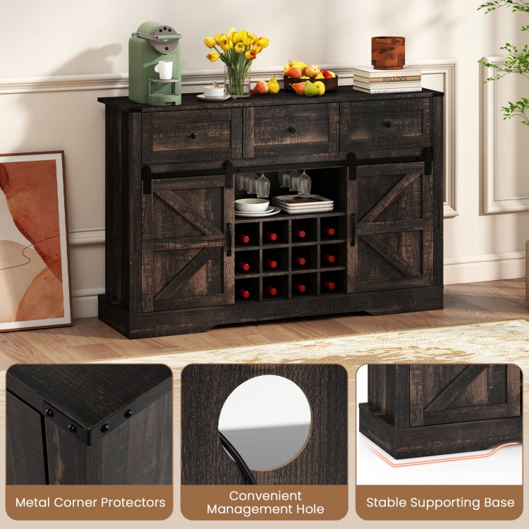 52-inch black wine bar cabinet with sliding barn doors, LED lights, and adjustable shelves for home bar or dining room.