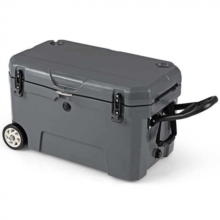 52 quart gray portable hard cooler with wheels, pull handle, and dual latches, ideal for camping and picnics.