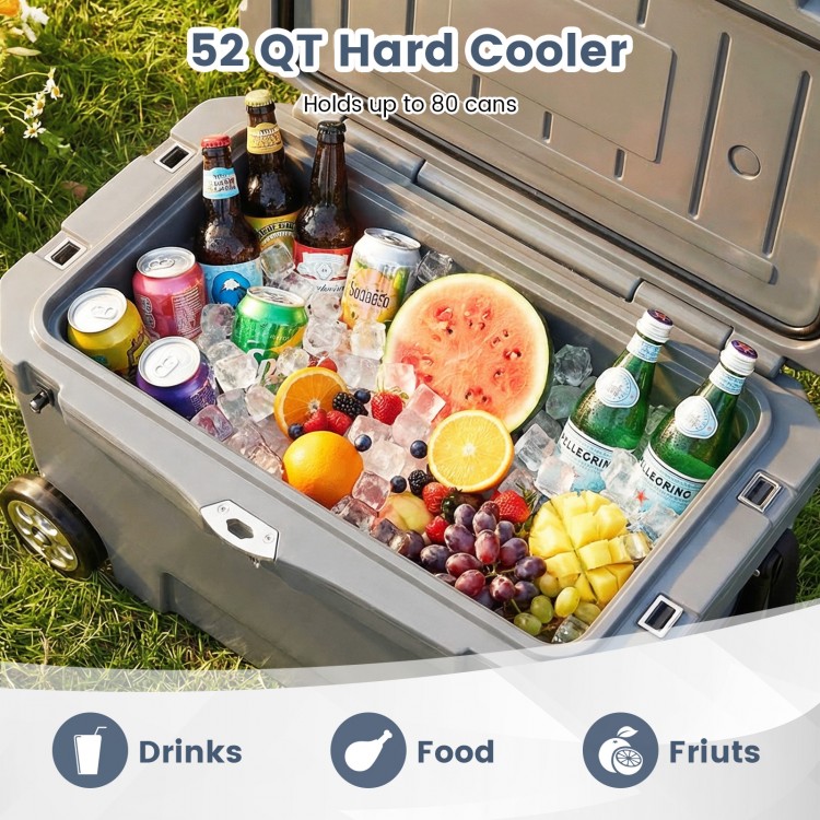 52 QT hard cooler filled with drinks and fruits, featuring wheels for easy transport, ideal for camping and picnics.