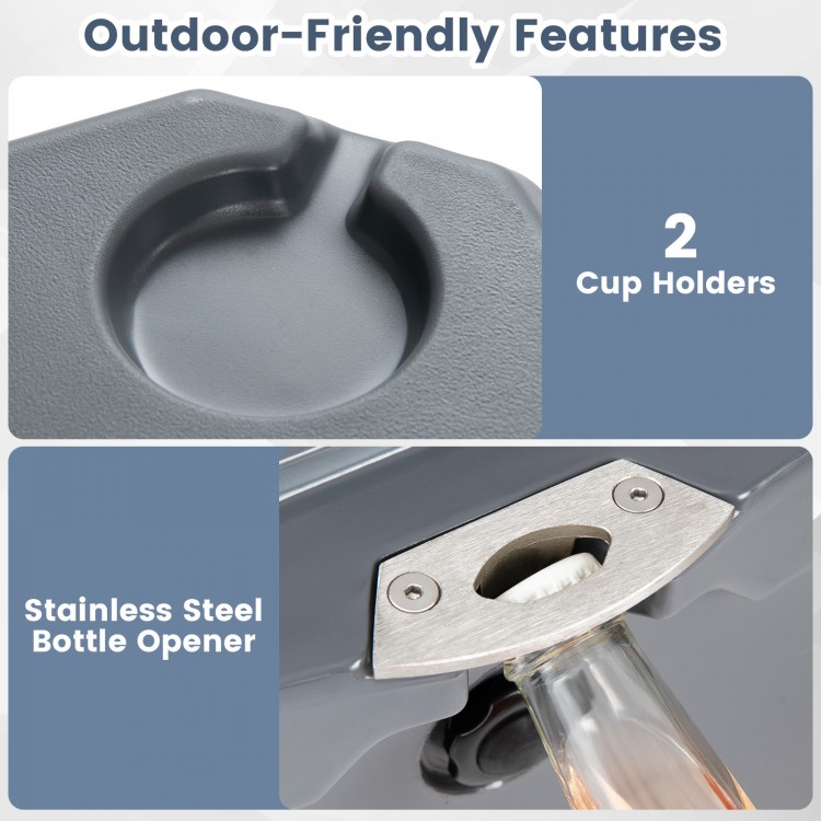 Close-up of the 52 Quart Portable Hard Cooler showing stainless steel bottle opener and 2 cup holders for outdoor.