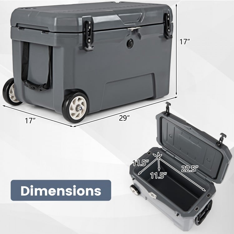 52 quart gray portable hard cooler with wheels, showing dimensions and features for camping and outdoor use.