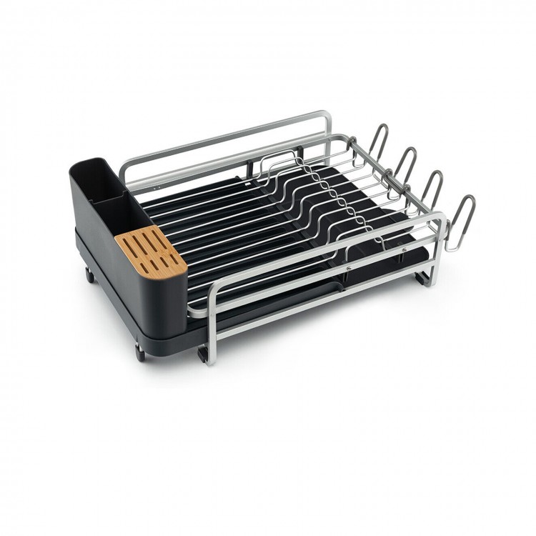 Aluminum expandable dish drying rack with drainboard and rotatable spout, ideal for organizing kitchen utensils.