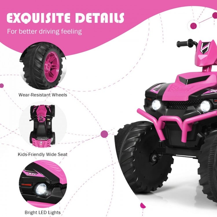 Close-up of the pink 12V kids ATV showcasing wear-resistant wheels and bright LED lights for enhanced driving fun.