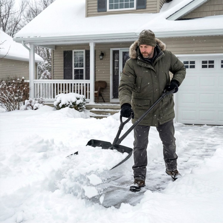 Man using a 53-inch snow shovel with assist handle to clear snow from a driveway, ideal for winter snow removal.