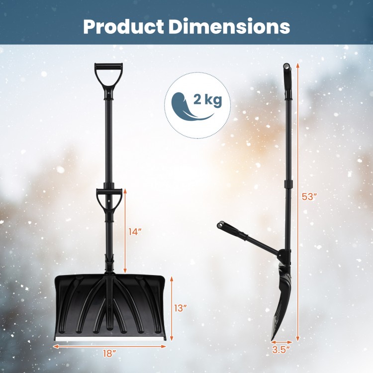 53-inch snow shovel with assist handle, black, featuring a wide blade and non-slip D-handle for easy snow removal.