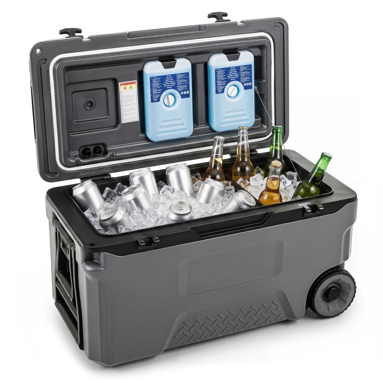 Portable 53 quart gray rolling cooler with ice bags, cup holders, and fish ruler, ideal for camping and outdoor activities.