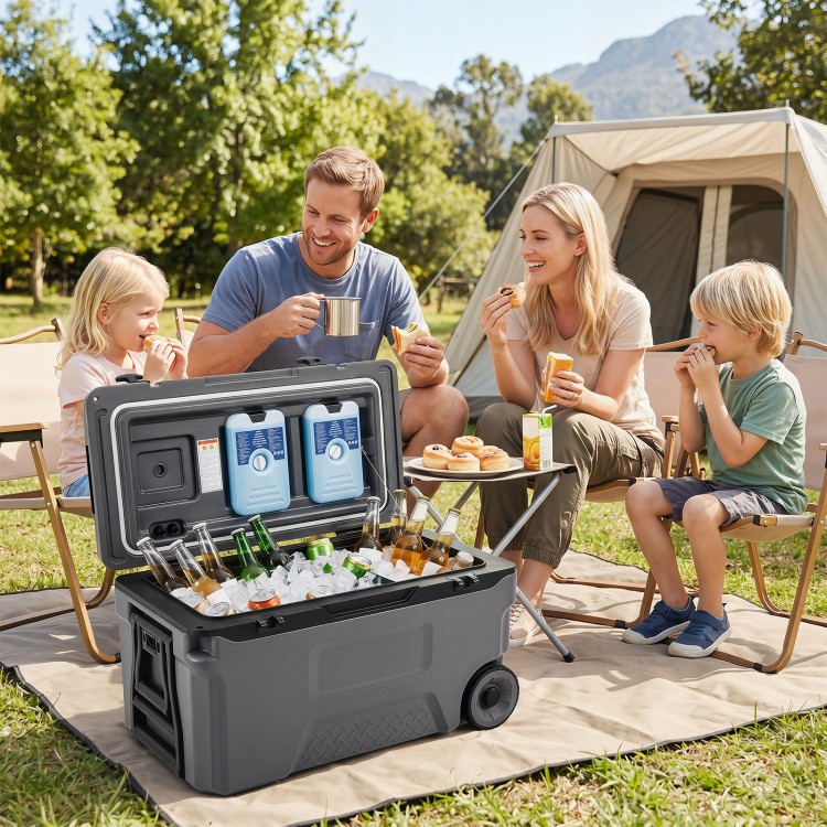 Portable 53 quart rolling cooler in gray with fish ruler, ideal for camping and picnics, featuring easy transport wheels.