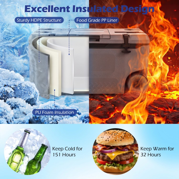 Portable 53 quart rolling cooler in gray features food grade PP liner, PU foam insulation, and keeps cold for 151 hours.