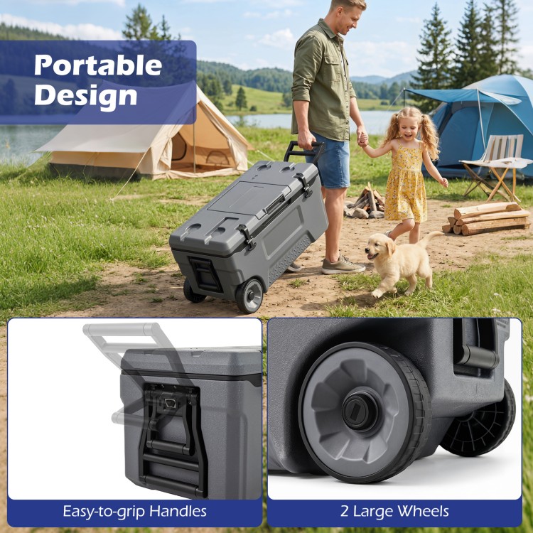 Portable 53 quart rolling cooler in gray with easy-to-grip handles and large wheels, ideal for camping and outdoor activities.