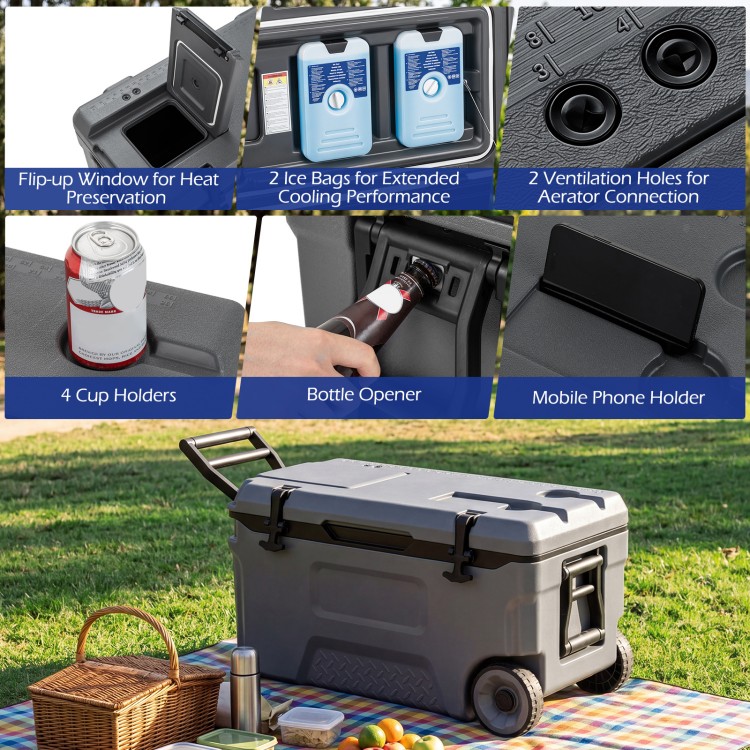 53 quart portable rolling cooler in gray with cup holders, bottle opener, and fish ruler, ideal for camping and picnics.
