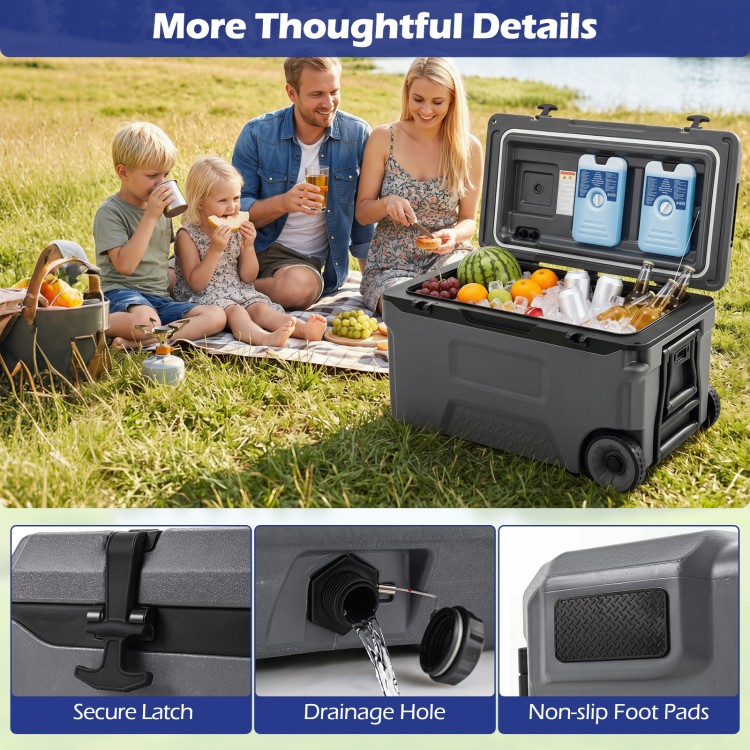 Portable 53 quart gray rolling cooler features a secure latch, drainage hole, and non-slip foot pads for outdoor use.