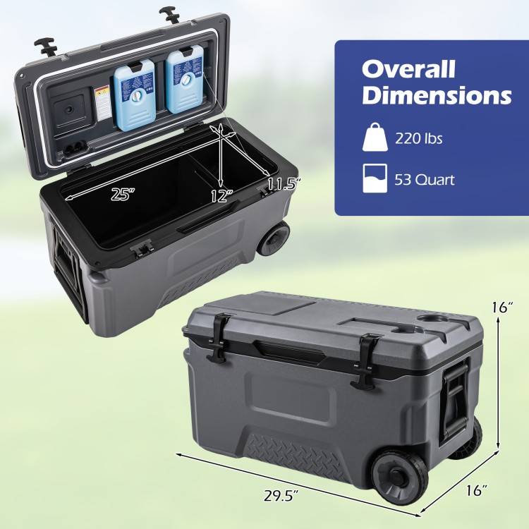 53 Quart Portable Rolling Cooler in gray features sturdy HDPE construction, ice retention, and fish ruler for outdoor use.