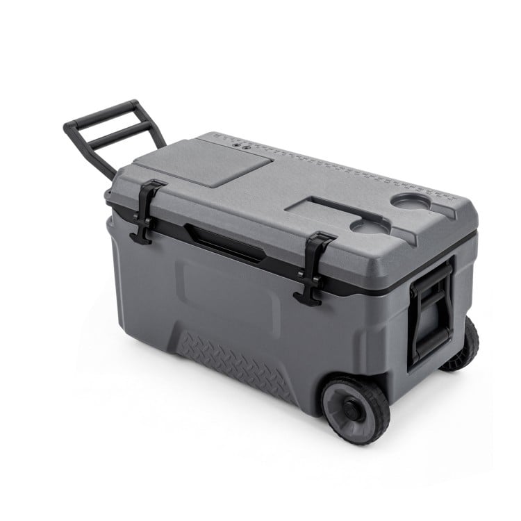 Portable gray rolling cooler with 53-quart capacity, fish ruler, and durable wheels for easy outdoor transport.