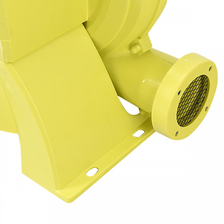 Yellow 950 W air blower pump fan with top-mounted handle, designed for inflatable bounce houses and outdoor use.