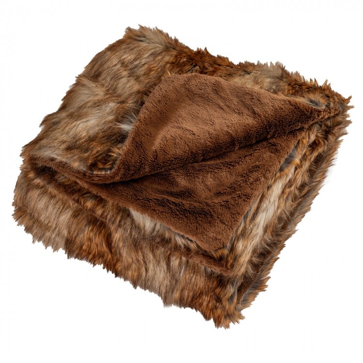 Luxurious 540GSM faux raccoon fur blanket with soft fleece, perfect for beds and sofas, offering warmth and comfort.