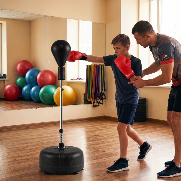 Height adjustable punching bag with stand for teens and adults, featuring a stable base and reflex training ball for home use.