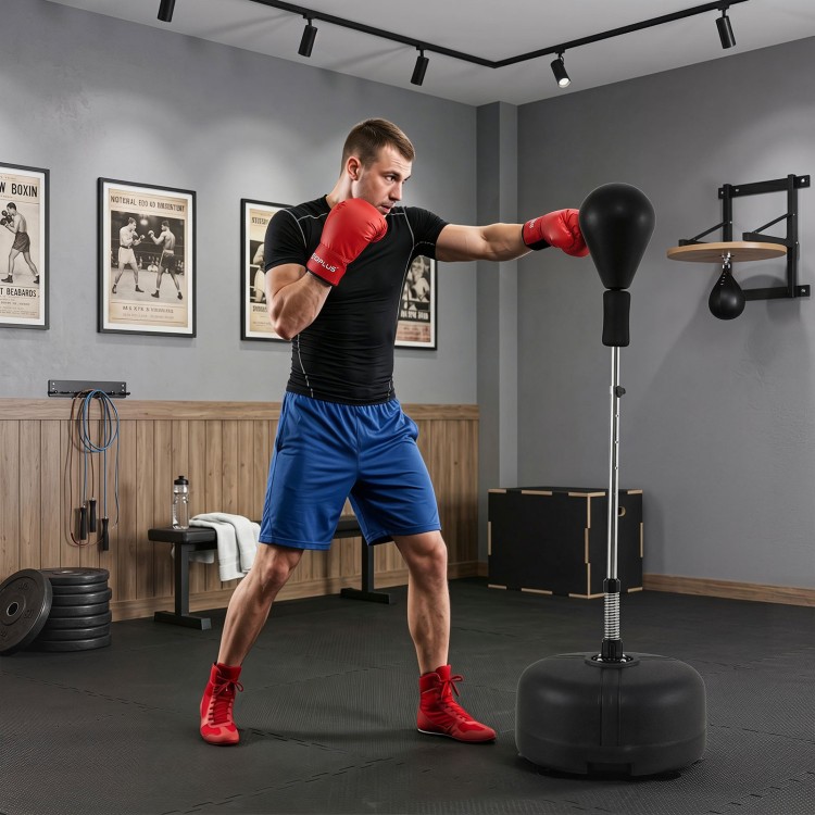 Height adjustable punching bag with stand, solid PU reflex ball, and stable base for effective boxing training at home.