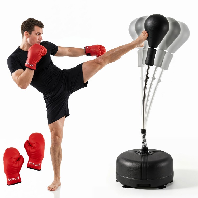 Height adjustable punching bag with reflex ball, wear-resistant gloves, and stable base for effective training at home or gym.