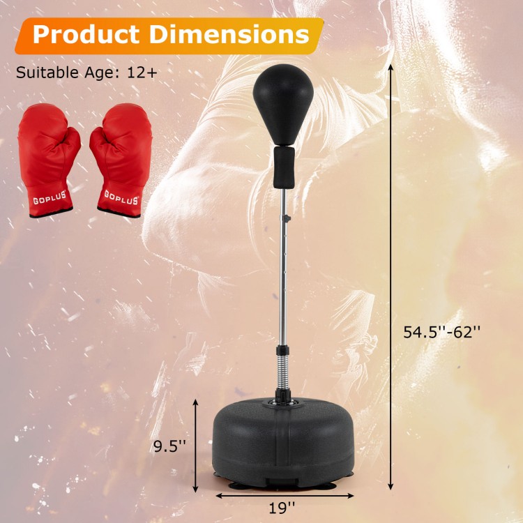 Height adjustable punching bag with a stable base, suitable for teens and adults, ideal for home or gym use.