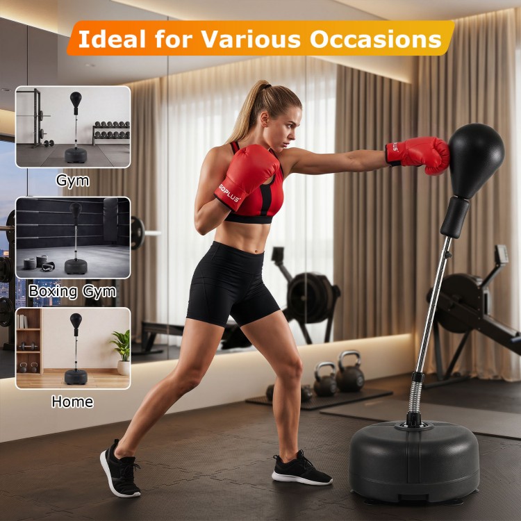 Height adjustable punching bag with stand, solid PU reflex ball, ideal for gym, boxing gym, and home workouts.