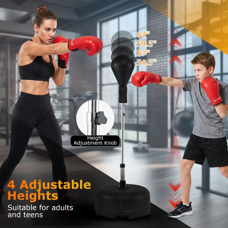 Height adjustable punching bag with stand, suitable for teens and adults, promotes physical training and stress relief.