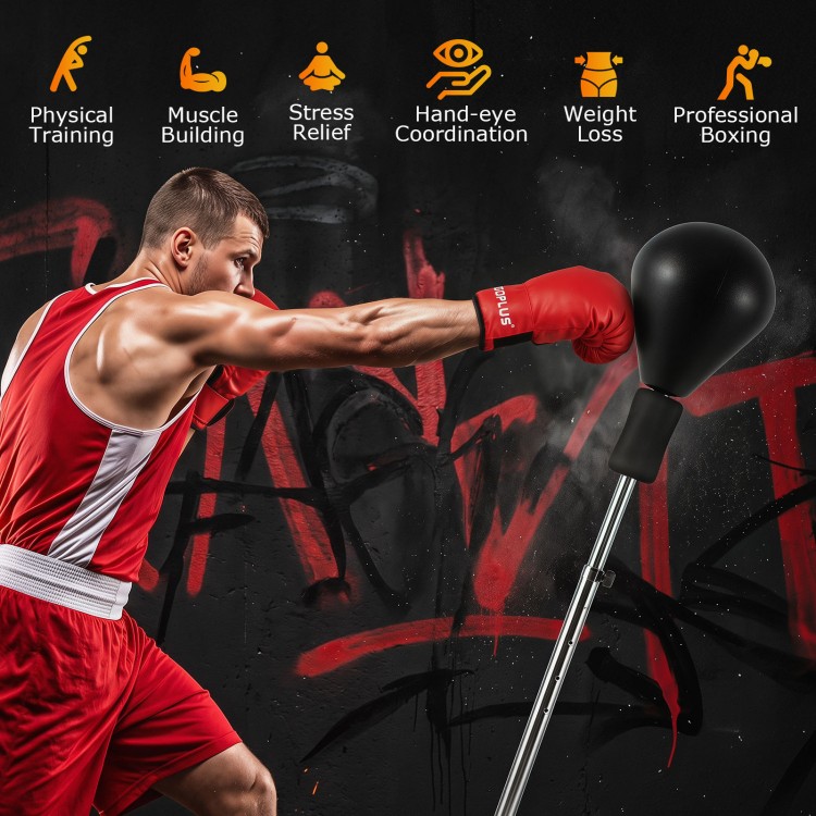 Height adjustable punching bag with stand, solid PU reflex ball, ideal for physical training and stress relief at home or gym.