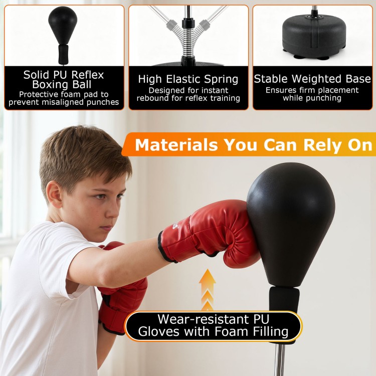 Height adjustable punching bag with solid PU reflex ball and stable weighted base, ideal for home and gym training.