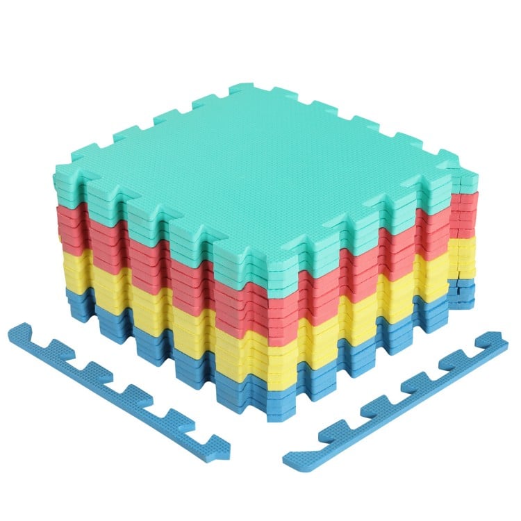 Multicolor 54 pack EVA foam floor tiles with non-slip surface, ideal for home gym and easy reconfiguration.