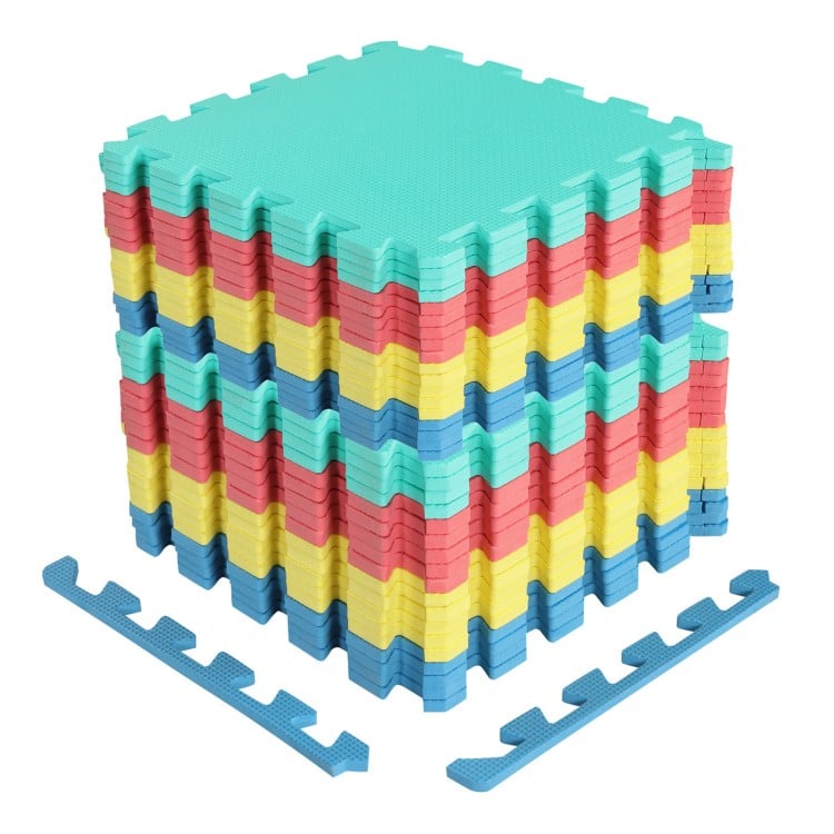 Multicolor 54 pack EVA foam floor tiles with non-slip surface and borders, ideal for home gym and living room use.