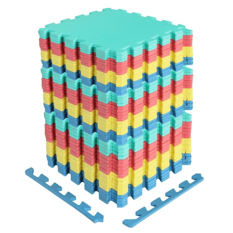 Stack of multicolor 54 pack EVA foam floor tiles with non-slip surface, ideal for home gym and easy setup.