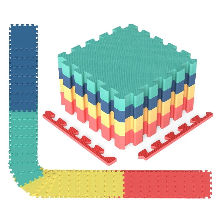 Multicolor 54 pack EVA foam floor tiles with non-slip surface and borders, ideal for home gym and living room use.